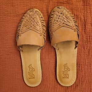 Tan woven slide sandals